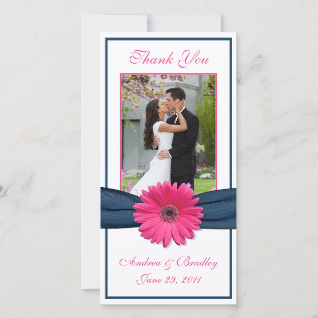 Pink Gerbera Daisy Navy Ribbon Wedding Thank You (Front)