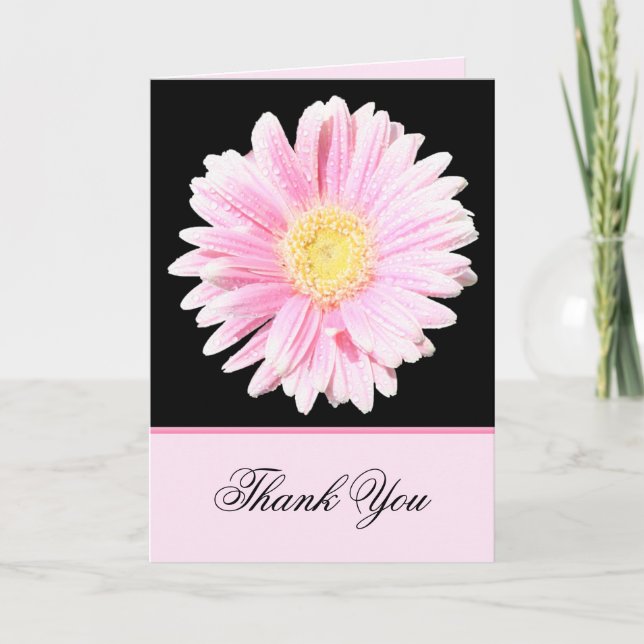 Pink Gerbera Daisy on Black Thank You Card (Front)