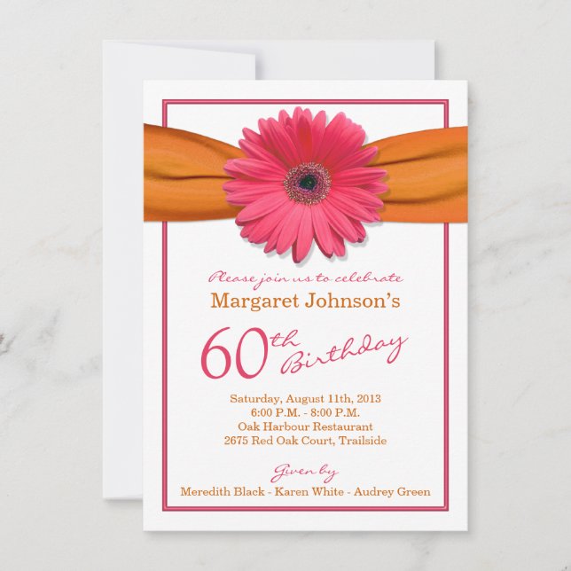 Pink Gerbera Daisy Orange Ribbon 60th Birthday Invitation (Front)
