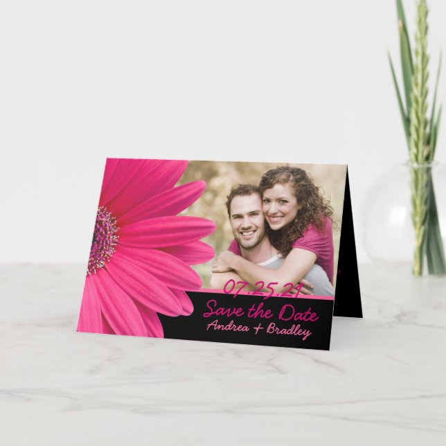 Pink Gerbera Daisy Photo Save the Date Card (Front)