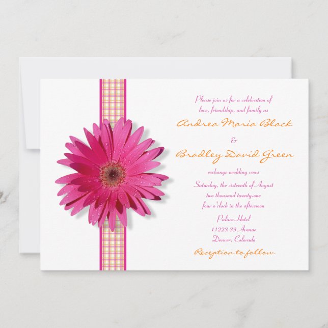 Pink Gerbera Daisy Plaid Ribbon Wedding Invitation (Front)