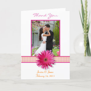 Pink Gerbera Daisy Plaid Wedding Photo Thank You