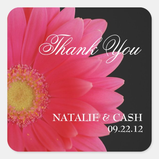Pink Gerbera Daisy Square Favour Label (Front)