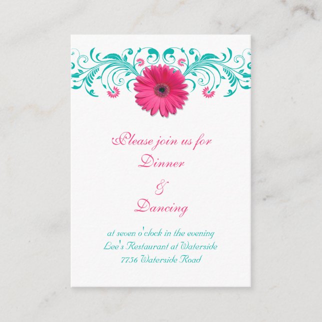 Pink Gerbera Daisy Turquoise Floral Reception Card (Front)