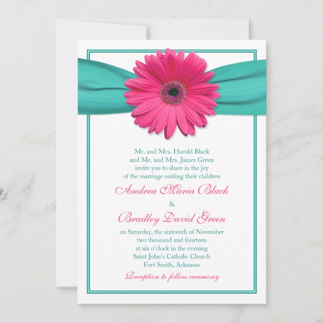 Pink Gerbera Daisy Turquoise Ribbon Wedding Invitation (Front)