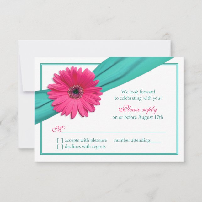 Pink Gerbera Daisy Turquoise Ribbon Wedding RSVP (Front)