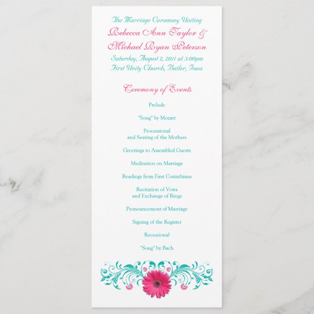 Pink Gerbera Daisy Turquoise Wedding Program Programme (Front)