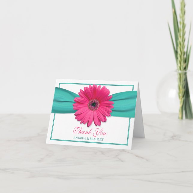 Pink Gerbera Daisy Turquoise Wedding Thank You 3 Card (Front)