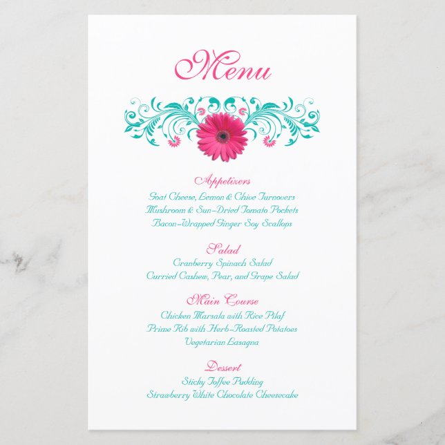 Pink Gerbera Daisy Wedding Menu Card (Front)