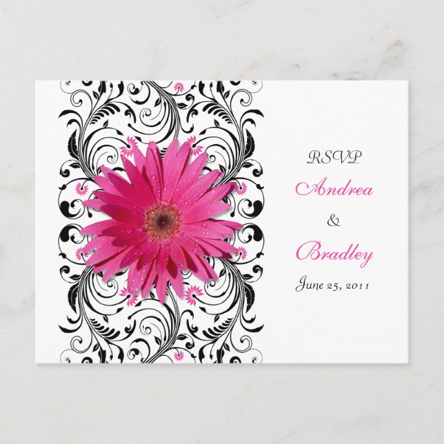 Pink Gerbera Daisy Wedding RSVP Reply Postcard (Front)