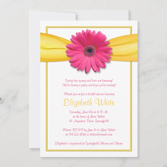 Pink Gerbera Daisy Yellow Ribbon Bridal Shower Invitation (Front)