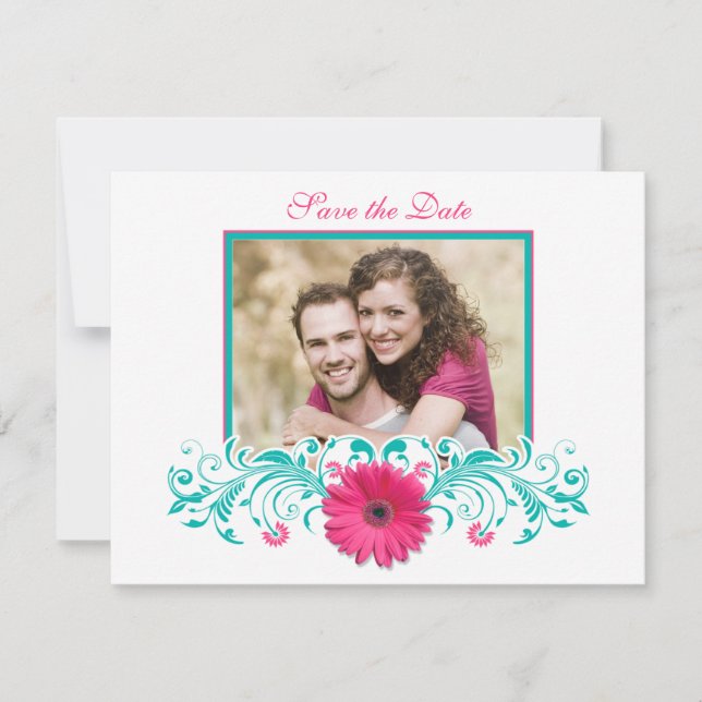 Pink Gerbera Floral Save the Date Card (Front)