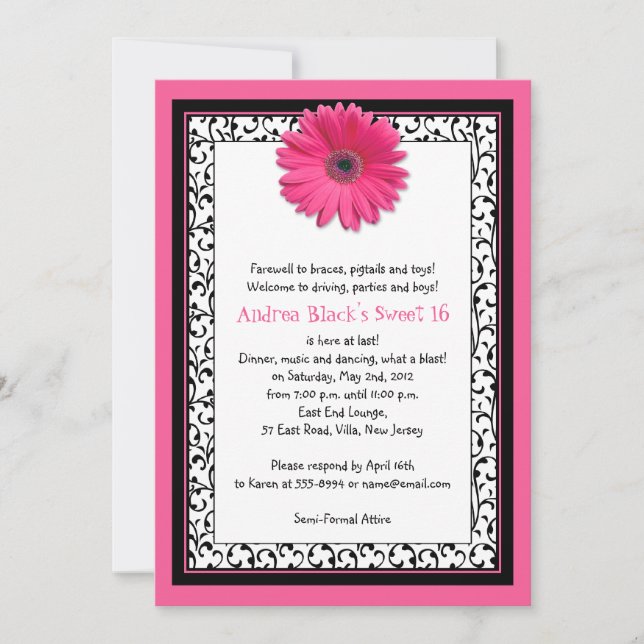 Pink Gerbera Floral Sweet 16 Birthday Invitation (Front)