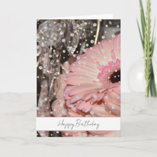 Pink Gerbera Flowers Diamond Sparkle Birthday Card
