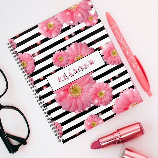 Pink Gerbera Flowers On Black And White Stripes Planner (Creator Uploaded)