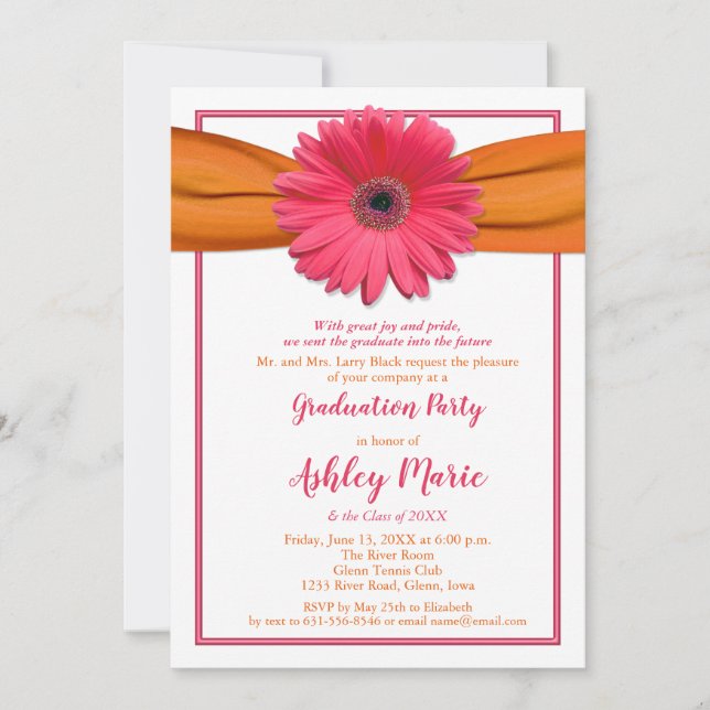Pink Gerbera Orange Ribbon Graduation Invitation (Front)