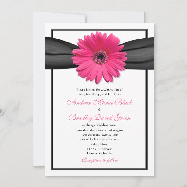 Pink Gerbera with Black Ribbon Invitation (Front)