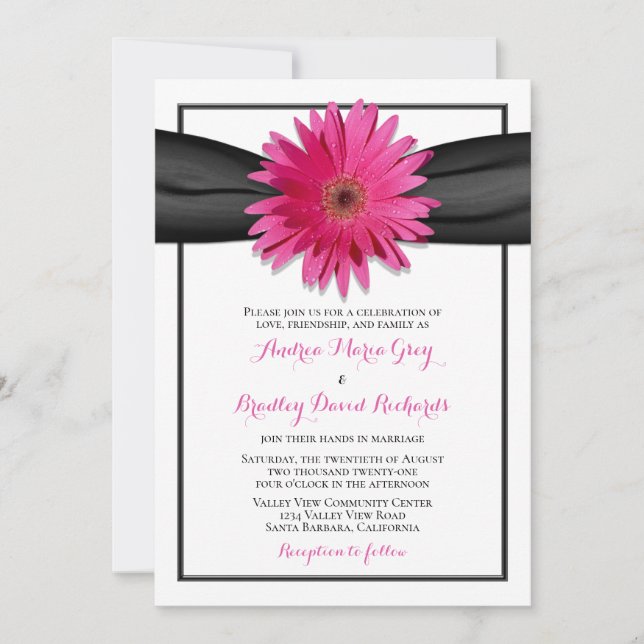 Pink Gerbera with Black Satin Ribbon Invitation (Front)