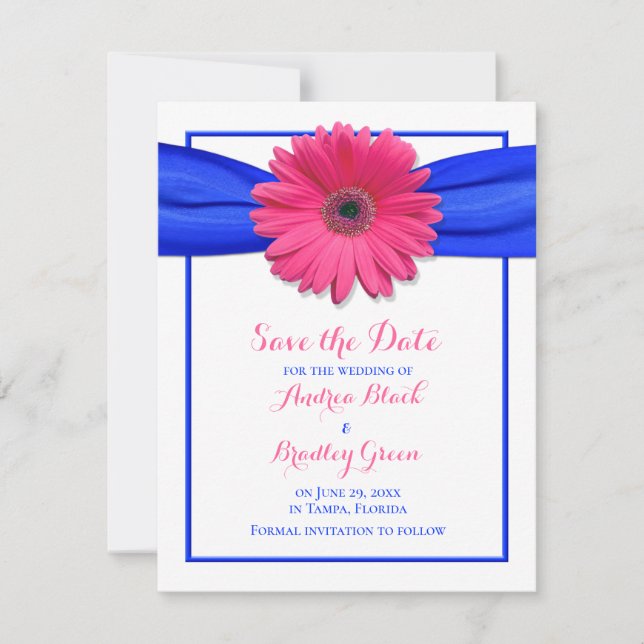 Pink Gerbera with Blue Ribbon Save the Date Card (Front)