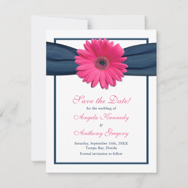 Pink Gerbera with Navy Ribbon Save the Date Card (Front)