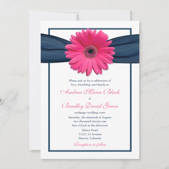 Pink Gerbera with Navy Ribbon Wedding Invitation (Front)