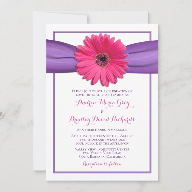 Pink Gerbera with Purple Satin Ribbon Invitation (Front)