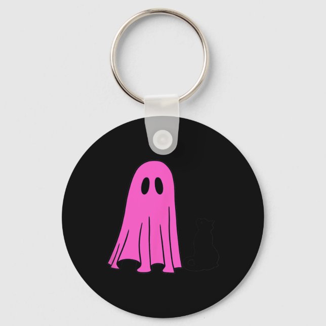Pink Ghost and Black Cat Halloween Fall Season  Key Ring (Front)