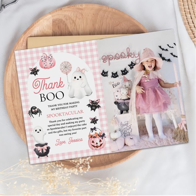 Pink Ghost Halloween Birthday Party Photo Thank You Card (Creator Uploaded)