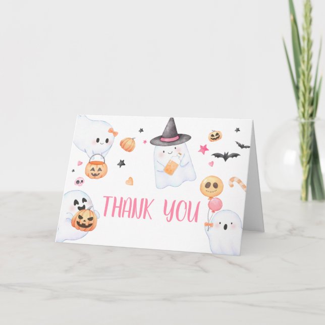 Pink Ghost Halloween Little Boo Baby Shower Thank You Card (Front)