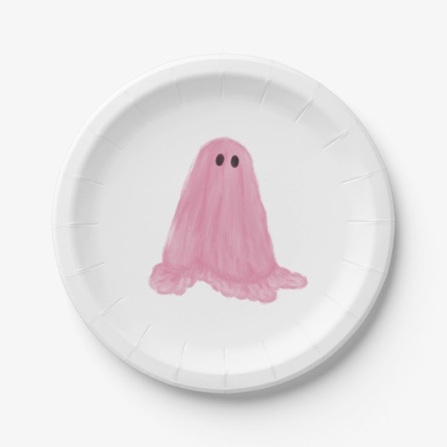 Pink Ghost Halloween Paper Plate (Front)
