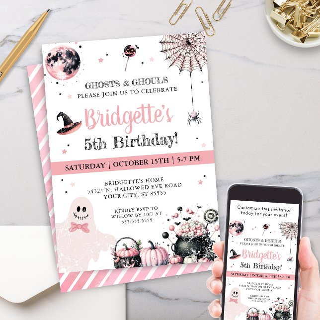 Pink Ghost Kids Halloween Birthday Party Invitation (Fun pink Halloween birthday party invitations for little girls any girl birthday party invite)
