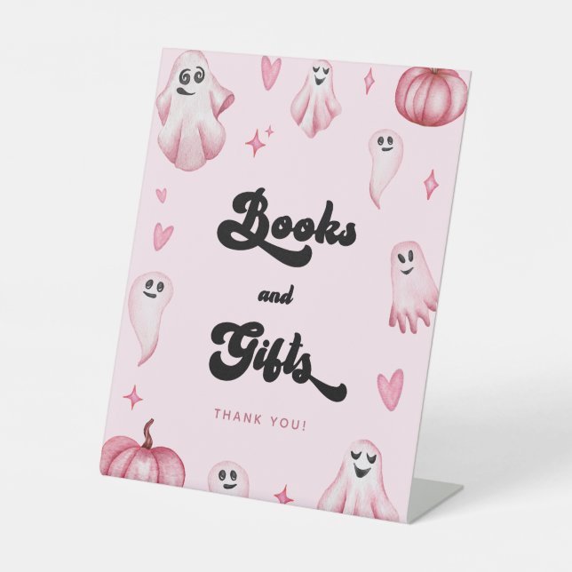 Pink Ghost Little Boo Baby Shower Books Gifts Sign (Front)