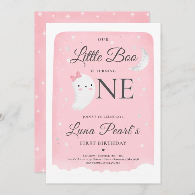 Pink Ghost Little Boo Birthday Party Halloween Invitation (Front/Back)