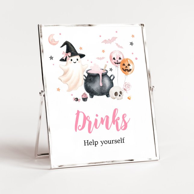 Pink Ghost Little Boo Drinks Sign (Girl Little Boo Baby Shower Drinks Sign)