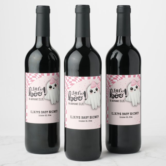 Pink Ghost Little Boo is almost due Baby Shower Wine Label (Bottles)