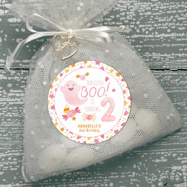 Pink Ghost Little Boo Turning Two 2nd Birthday Classic Round Sticker (Creator Uploaded)