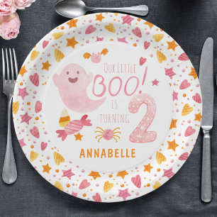 Pink Ghost Little Boo Turning Two 2nd Birthday Paper Plate
