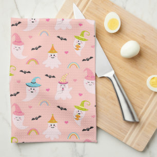 Pink Ghost Rainbow Pattern Halloween Kitchen Towel
