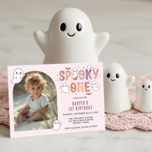 Pink Ghost Spooky One 1st Birthday Photo Pastel Invitation