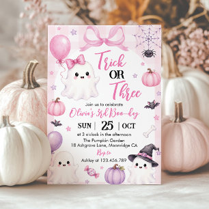 Pink Ghost Trick or Three Halloween Birthday Invitation