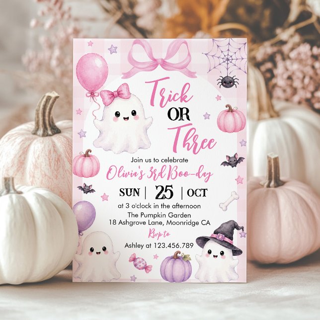 Pink Ghost Trick or Three Halloween Birthday Invitation (Creator Uploaded)