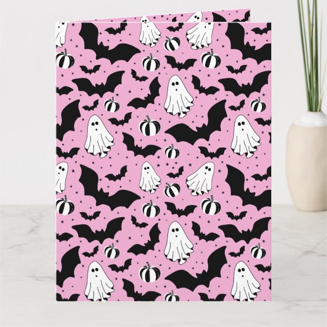 Pink ghosts, bats and pumpkins card (Front)