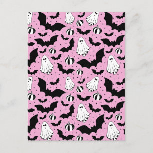 Pink ghosts, bats and pumpkins postcard