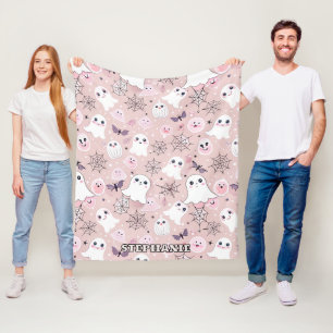 Pink Ghosts & Halloween Elements Seamless Pattern Fleece Blanket