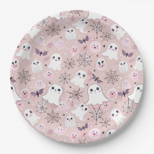 Pink Ghosts & Halloween Elements Seamless Pattern Paper Plate
