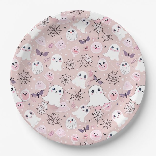 Pink Ghosts & Halloween Elements Seamless Pattern Paper Plate (Front)