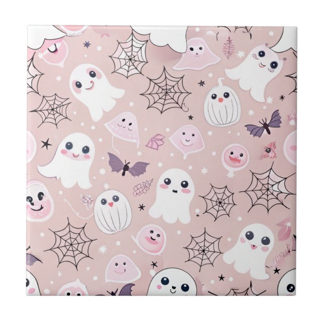 Pink Ghosts & Halloween Elements Seamless Pattern Tile (Front)