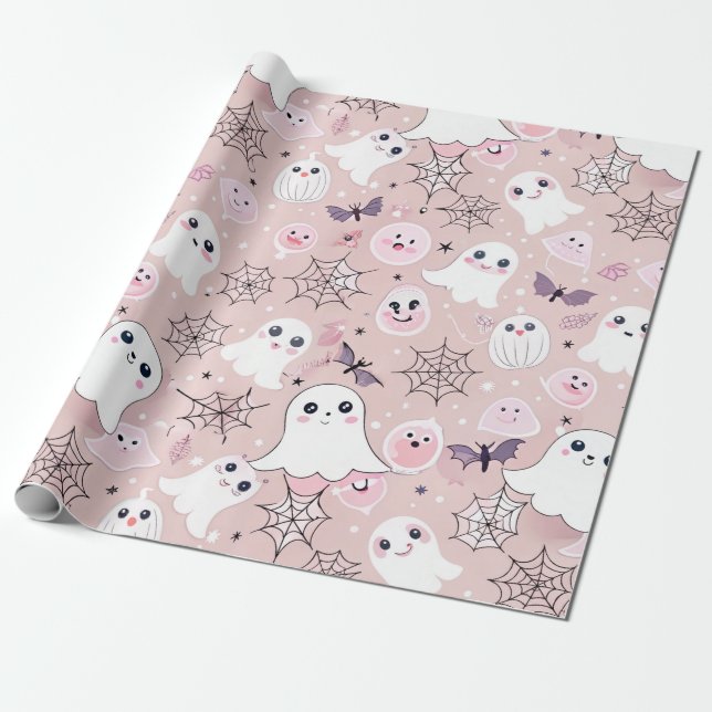 Pink Ghosts & Halloween Elements Seamless Pattern Wrapping Paper (Unrolled)