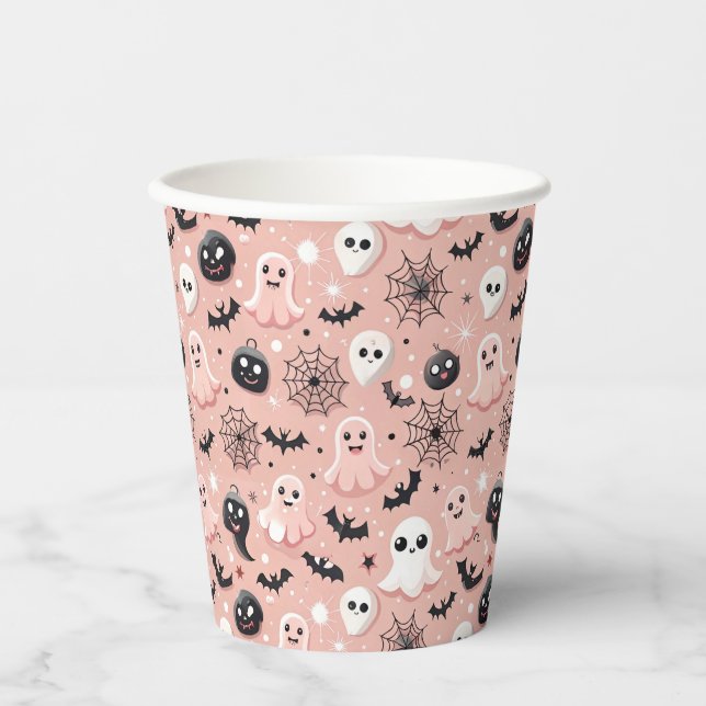 Pink Ghosts & Halloween Seamless Pattern  Paper Cups (Front)