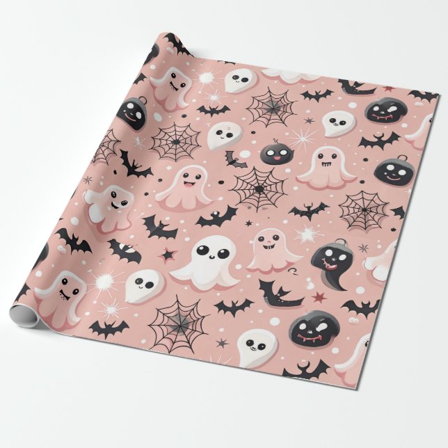 Pink Ghosts & Halloween Seamless Pattern  Wrapping Paper (Unrolled)